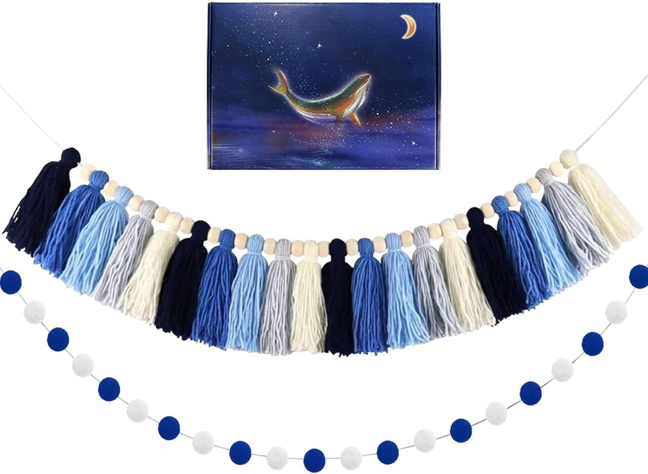 2pcs Boho Tassel Garland,Pom Pom Tassel,6.5 Feet Long 20 Balls Felt Ball Garland(Blue)
